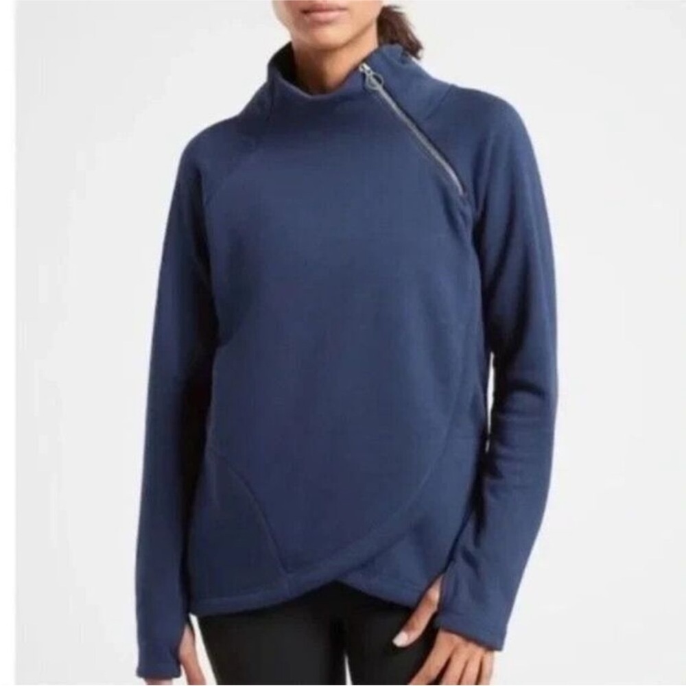 Athleta Cozy Karma Blue Asym Sweatshirt Pullover Pockets Zip Funnel Neck Small